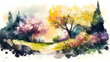 Watercolor spring landscape design with Trees, and flowers. photo