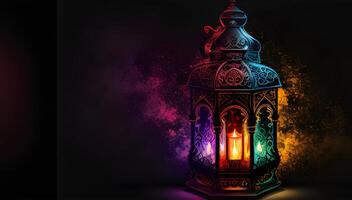 Ramadan Kareem celebration with Arabic lanterns, bokeh, and neon lights creates an enchanting atmosphere on a stage backdrop. Ideal for wallpapers and banners. . photo