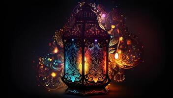 Ramadan Kareem celebration with Arabic lanterns, bokeh, and neon lights creates an enchanting atmosphere on a stage backdrop. Ideal for wallpapers and banners. . photo