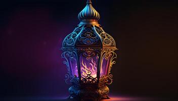 Ramadan Kareem celebration with Arabic lanterns, bokeh, and neon lights creates an enchanting atmosphere on a stage backdrop. Ideal for wallpapers and banners. . photo