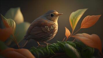 A Small Bird with a Vibrant Head Perched on a Leafy Tree Branch in a Green Forest. . photo