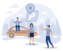 Car in Parking area concept. Tiny people looking for parking space, park automobile. flat vector modern illustration