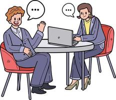 Businesswoman sitting and discussing work on the desk illustration in doodle style vector
