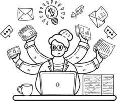 Businesswoman doing multitasking illustration in doodle style vector