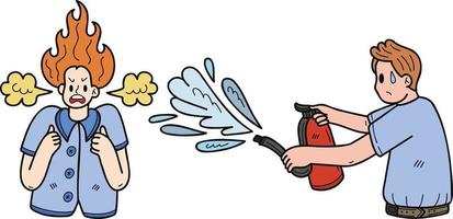 Angry business woman with a young man helping to extinguish the fire illustration in doodle style vector