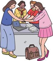 Team of business women working together illustration in doodle style vector