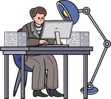 business man sitting and working at computer illustration in doodle style vector