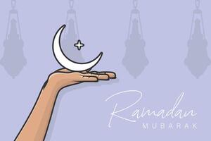 Ramadan Kareem greeting with crescent moon in hand vector illustration. Ramadan icon concept. Ramadan lantern lamp and moon icon design. Ramadan Kareem vector greeting card design.