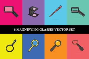 Different Shape Magnifying Glasses Set vector illustration. Science and technology searching items icon concept. Collection of research device icon logo. Magnifier with transparent lens.