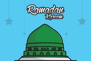 Hand Showing Ramadan Kareem Moon with Madina Masjid Al Nabawi vector illustration. Islamic holiday icon concept. Ramadan Kareem Islamic background with Madina Masjid Al Nabawi vector design.