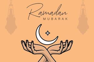 Ramadan Kareem greeting with crescent moon in hand vector illustration. Ramadan icon concept. Ramadan lantern lamp and moon icon design. Ramadan Kareem vector greeting card design.