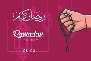 Hand Holding Chaplet of Beads and Ramadan Kareem calligraphy vector background illustration. Islamic holiday icon concept. Ramadan Kareem lantern lamp in background icon design.