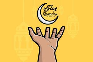 Ramadan Kareem greeting with crescent moon in hand vector illustration. Islamic holiday icon concept. Ramadan lantern lamp and moon icon design. Ramadan Kareem vector greeting card and poster design.