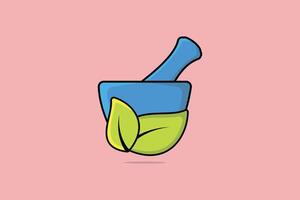 Mortar and Pestle with green leaves vector illustration. Healthcare medicine and pharmacy equipment icon concept. Homeopathy creative logo design for use in medicine, rehabilitation or pharmacology.