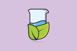 cubilete vaso químico líquido con verde hojas vector ilustración. médico laboratorio y farmacia objetos icono concepto. químico vaso y verde hojas vector diseño.