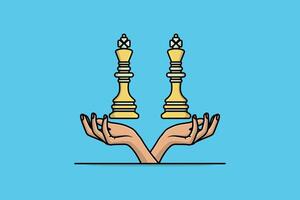 Chess Pieces King on hands vector illustration. Sport board game object icon concept. Smart goal, Business target concept. Achievement and success. King and hands vector design with shadow.