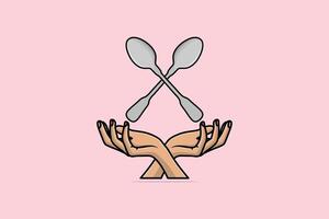 hands with Spoon vector illustration. Restaurant and Cafe objects icon concept. Crossed spoon and hands vector design. Kitchen spoon, Food object, Eating spoon, Restaurant objects, Home decoration.
