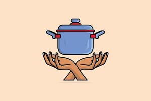 Cooking Pan on Chef Hand vector illustration. Kitchen cooking object icon concept. Creative hand and cooking pan icon logo. Chef logo icon concept. Cooking colorful pot vector design with shadow.