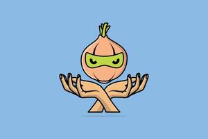 cebolla ninja con manos vector ilustración. comida naturaleza icono concepto. cebolla ninja dibujos animados personaje vector diseño. personas manos icono logo. creativo ninja cebolla y manos logo diseño.