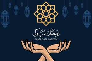 Ramadan Kareem greeting poster and hands vector background illustration. Islamic holiday icon concept. Ramadan Kareem Islamic background with lantern lamps vector design.