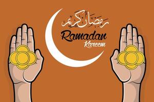 Muslim giving Ramadan Kareem Charity to poor people vector illustration.