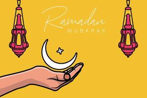 Ramadan Kareem greeting with crescent moon in hand vector illustration. Ramadan icon concept. Ramadan lantern lamp and moon icon design. Ramadan Kareem vector greeting card design.