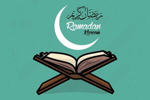 Ramadan Kareem Holy Month of Islam Greeting illustration with Quran and Calligraphy vector design. Islamic holiday icon concept. Read Quran or Recite the Quran concept. Muslim Stuff vector icon.