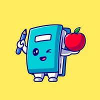 Cute Book Holding Pencil And Apple Cartoon Vector Icon Illustration. Education Mascot Icon Concept Isolated Premium Vector. Flat Cartoon Style