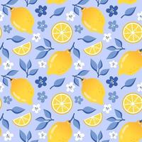 Summer seamless pattern with lemon, lemon slice, white flowers and dark blue leaves in flat style, blue background. Vector illustration