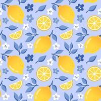 Summer seamless pattern with lemon, lemon slice, white flowers and dark blue leaves in flat style, blue background. Vector illustration