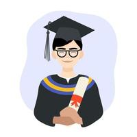 A student of Asian ethnicity in a graduation gown and cap holds a diploma in his hands. Vector illustration in flat style.