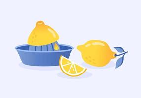 Lemon juicer. The process of making lemonade. Lemon slice. Illustration lemon with leaves in flat style. Vector illustration