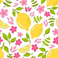 Summer seamless pattern with lemon, lemon slice, pink flowers and leaves in flat style. Vector illustration