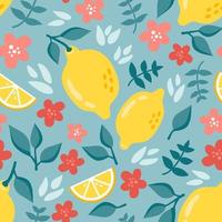 Summer seamless pattern with lemon, lemon slice, pink flowers in flat style, turquoise background. Vector illustration