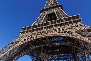 close up of Eiffel tower against blue sky photo
