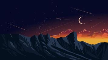 montaña fantasía noche paisaje ilustración antecedentes con Luna y estrellas vector