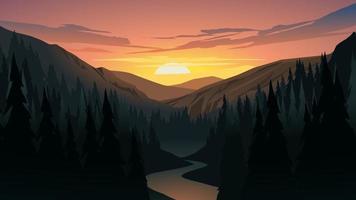 Mountain sunset with forest, river and canyon. Vector nature landscape