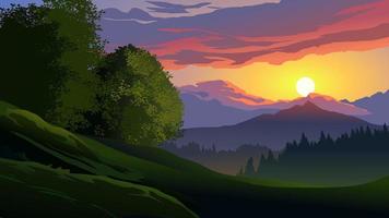 Vector illustration of colorful sunset over mountain forest with mountain in the distance