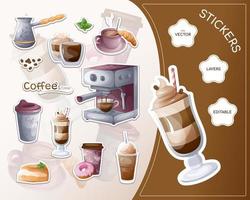 Cartoon sticker pack. Stickers coffee time, coffee break, coffee, coffee cup, coffee beans, coffee mug and coffee machine vector