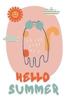 Slogan HELLO SUMMER in retro style with cat in sunglasses. vector