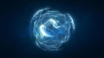 resumen azul serpenteado energía esfera desde partículas y olas de mágico brillante en un oscuro fondo, vídeo 4k, 60 60 fps video