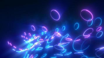 Abstract blue and purple glowing neon lines and circles energy laser flying on a black background, video 4k, 60 fps