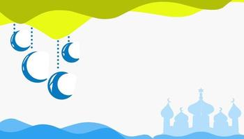 Background Illustration on the theme of Ramadan and Eid al-Fitr and Eid al-Adha, with images of a blue mosque, crescent moon, blue and yellow waves vector