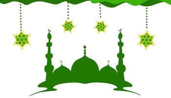 Background Illustration of the theme of Ramadan and Eid al-Fitr and Eid al-Adha, with a green mosque and hanging lanterns vector