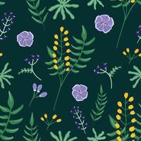 Floral seamless pattern with leaf, berries and purple flowers ornament on dark green color background vector