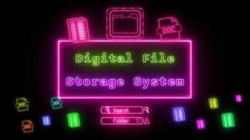 digital file storage system Neon gyellow-pink Fluorescent Text Animation pink frame on black background video