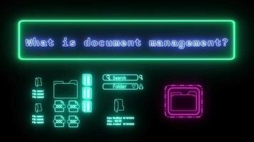 Was ist dokumentieren Verwaltung Neon- Blau fluoreszierend Text Animation Grün Rahmen auf schwarz Hintergrund video