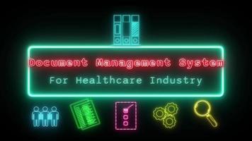 document beheer systeem voor gezondheidszorg industrie neon rood blauw fluorescerend tekst animatie blauw kader Aan zwart achtergrond video