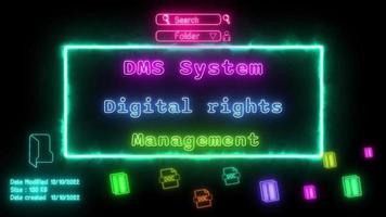 dms systeem digitaal rechten beheer neon roze-groen fluorescerend tekst animatie groen kader Aan zwart achtergrond video