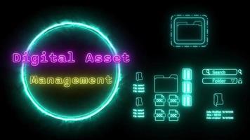 Digital asset management Neon pink-yellow Fluorescent Text Animation blue frame on black background video